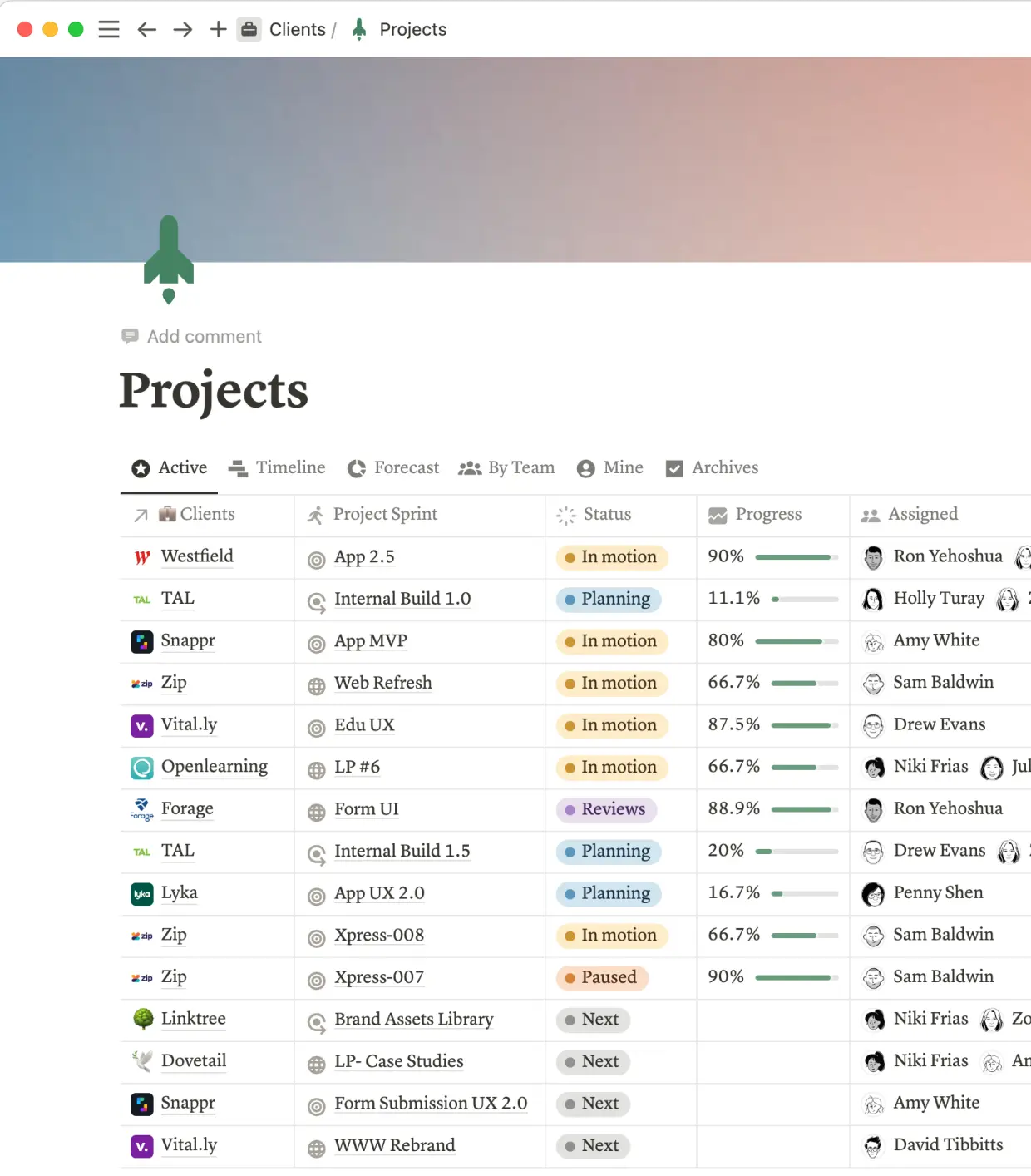 Raw Studio's database of projects is synced with their CRM database also in Notion. This allows them to analyze all of their project metrics agency-wide and per client while keeping client records automatically up to date as each project progresses.